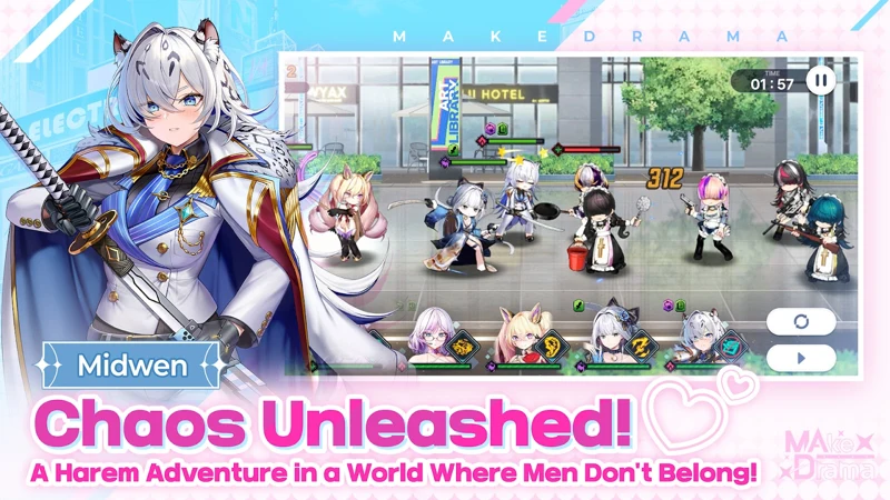 Official promotional panel showing Midwen beside a five-character battle interface.